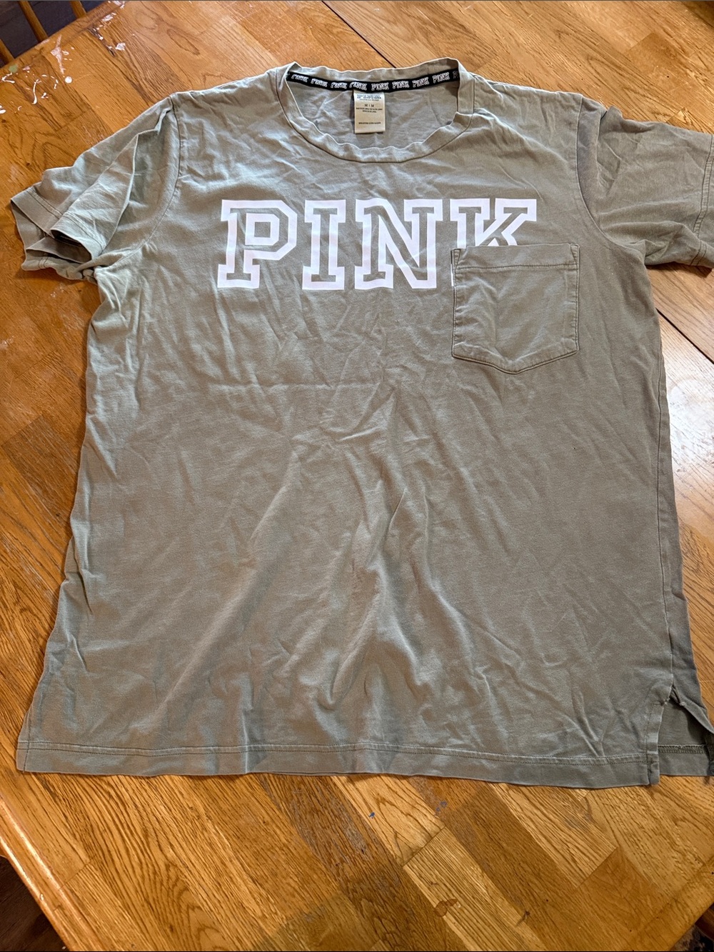 PINK Victoria's Secret Olive Green Logo Pocket Tee